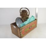 BOX CONTAINING OLD METAL RAILWAY LAMP