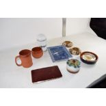 POTTERY INCLUDING TWO BROWN GLAZED PIECES TOGETHER WITH SMALL BLUE DISH ETC