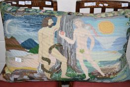 LARGE DECORATIVE CUSHION OR PILLAR DEPICTING ADAM AND EVE, APPROX 75 X 48CM