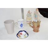 CERAMIC WARES INCLUDING TWO CHINA FIGURES, SMALL POTTERY JUG ETC