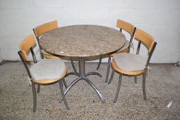 STONE EFFECT CIRCULAR TABLE WITH CHROME PEDESTAL, APPROX 1M DIAM, TOGETHER WITH A SET OF MATCHING