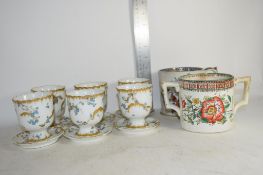 CHINA WARES INCLUDING SET OF SIX FRENCH PORCELAIN CUPS WITH FIXED SAUCERS