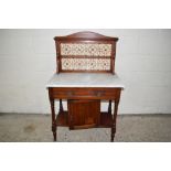 19TH CENTURY TILE BACK AND MARBLE TOP AMERICAN WALNUT WASH STAND, SINGLE FRIEZE DRAWER AND CENTRAL