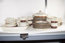 DINNER WARES BY DENBY IN A BROWN DESIGN COMPRISING PLATES, SIDE PLATES, TWO TUREENS AND COVERS, CUPS