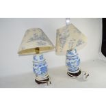 PAIR OF CERAMIC TABLE LAMPS WITH CHINESE VASES AND COVERS, CONVERTED FOR ELECTRICITY