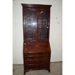 19TH CENTURY MAHOGANY BUREAU BOOKCASE WITH INLAID STRUNG DECORATION TO FALL FRONT WITH FITTED