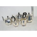 PLATED TEA SET WITH TEA POT, COFFEE POT, HOT WATER JUG, MILK JUG AND SUGAR BOWL