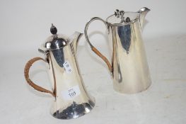 TWO SILVER PLATED COFFEE POTS, ONE BY HUKIN & HEATH, WITH WICKER BOUND HANDLE