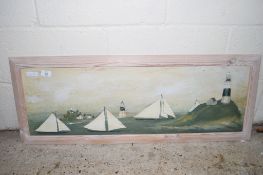 FRAMED PICTURE OF LIGHTHOUSES AND YACHTS, APPROX 99 X 37CM