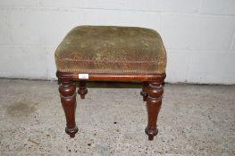 SMALL 19TH CENTURY UPHOLSTERED STOOL ON TURNED LEGS, APPROX 44CM SQUARE
