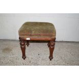 SMALL 19TH CENTURY UPHOLSTERED STOOL ON TURNED LEGS, APPROX 44CM SQUARE