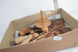 BOX CONTAINING WOODEN ITEMS INCLUDING EGG CUP, TRAY ETC