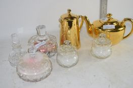 GLASS DISHES AND COVERS AND ROYAL WORCESTER GOLD COLOURED PORCELAIN TEA POT AND MILK JUG