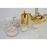 GLASS DISHES AND COVERS AND ROYAL WORCESTER GOLD COLOURED PORCELAIN TEA POT AND MILK JUG