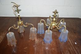 TWO SIMILAR BRASS CANDELABRA STYLE LAMP FITTINGS WITH ETCHED GLASS SHADES, THE LARGER WIDTH APPROX