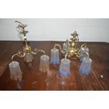 TWO SIMILAR BRASS CANDELABRA STYLE LAMP FITTINGS WITH ETCHED GLASS SHADES, THE LARGER WIDTH APPROX