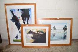 THREE VARIOUS LARGE FRAMED PRINTS, ALL HORSE RACING INTEREST, LARGEST FRAME APPROX 78 X 113CM