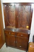 MAHOGANY FINISH REPRODUCTION CUPBOARD WITH DISPLAY CABINET OVER, WIDTH APPROX 89CM