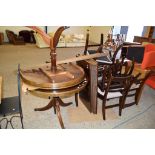 REPRODUCTION MAHOGANY EFFECT D-END DINING TABLE WITH TWO ADDITIONAL LEAVES AND A SET OF TEN