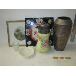 BOX CONTAINING METAL VASE AND OTHER ITEMS