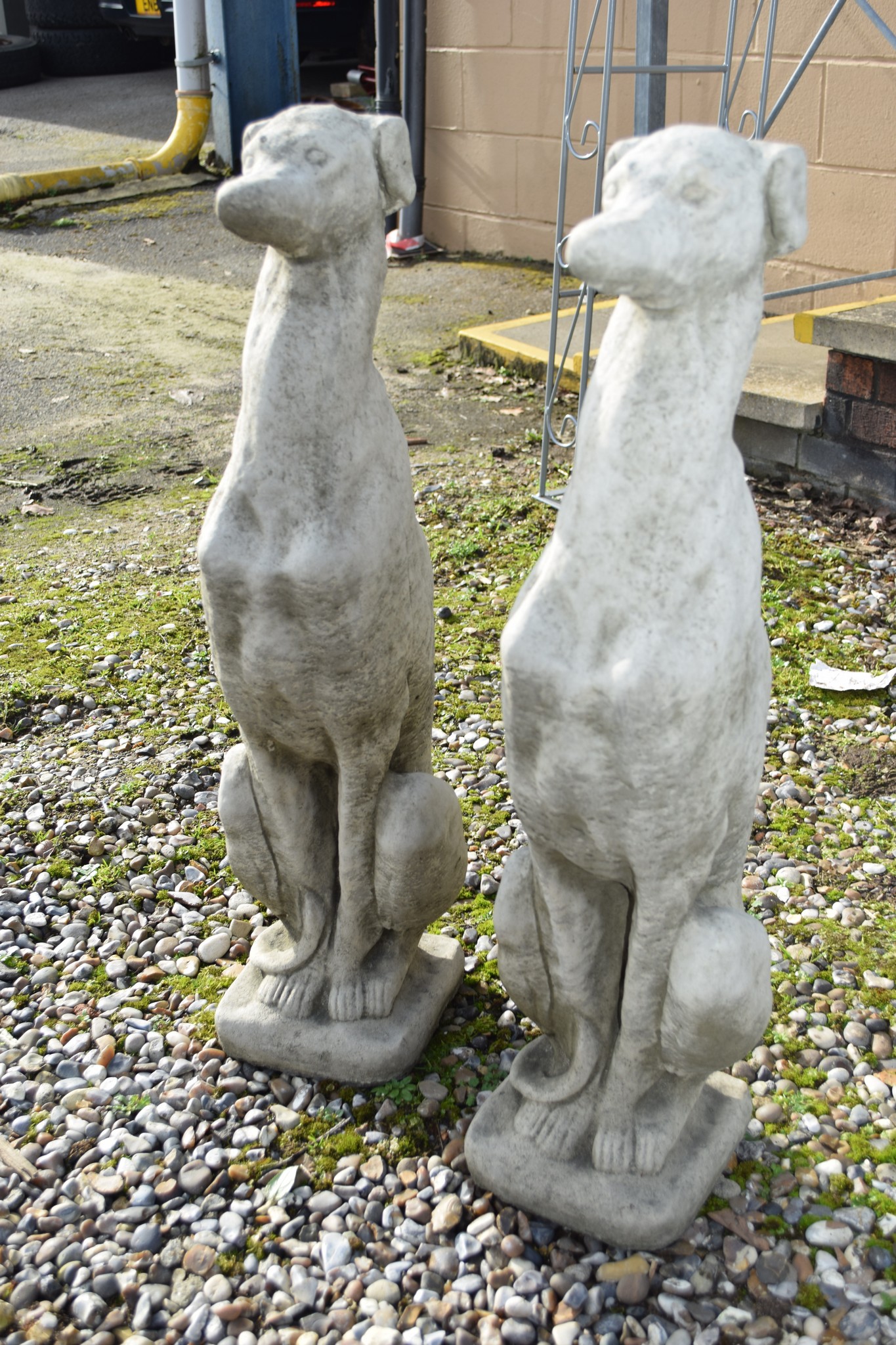 PAIR COMPOSITION FIGURES OF SEATED WHIPPETS H 75CM