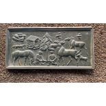 Heavy decorative cast metal Plaque depicting Nordic country lifestyle including reindeer log cabin