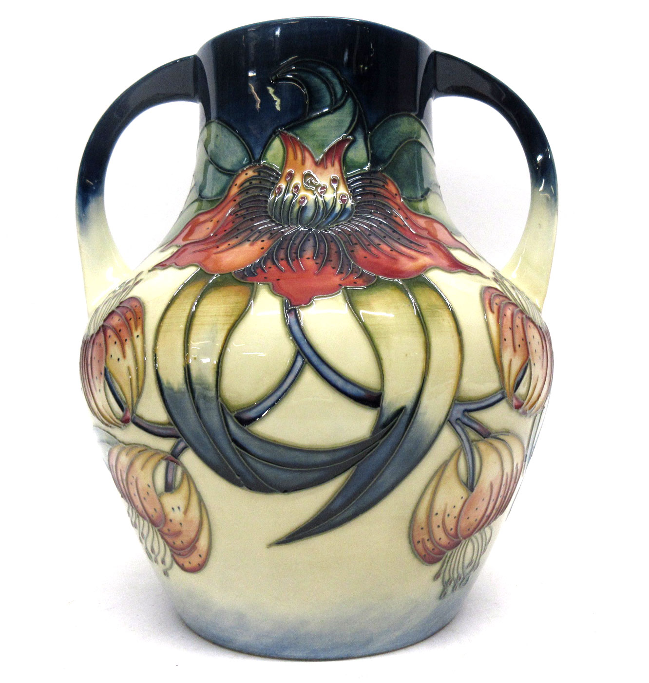 Large Moorcroft modern two-handled vase with a tube lined design in the Anna Lily pattern by