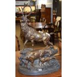 Late 19th/early 20th century bronzed spelter stag and deer group, impressed "Heizler", 36cm wide x
