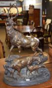 Late 19th/early 20th century bronzed spelter stag and deer group, impressed "Heizler", 36cm wide x