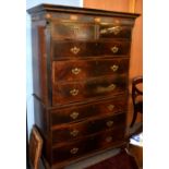 George III period inlaid mahogany chest on chest, the upper section fitted with two short and