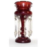 Ruby coloured glass table lustre, 33cm high