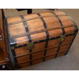 Late 19th century stained wood travelling trunk with metal and wood lath mounts to the domed lid and