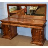 Early 19th century mahogany large mirror back twin pedestal sideboard, fitted with concave drawers