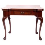 Late 18th century mahogany fold-top card table, green plush lined inset over a central frieze drawer