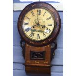 19th century inlaid mahogany cased drop dial wall clock with repainted face, dial diam 30cm, overall