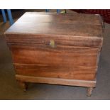 19th century mahogany storage trunk with later stand, the hinged lid opening to reveal a plain