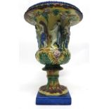 Majolica style vase on square foot, 30cm high