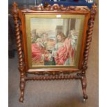 Victorian walnut large fire screen, central grospoint wool embroidered panel depicting a Biblical