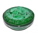Small Art Deco malachite box and cover, the cover modelled with a classical maiden, 10cm diam