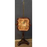 Victorian walnut pole screen, central grospoint wool emboidered panel depicting a spray of flowers