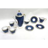 Copeland Spode coffee set in the Ryde pattern with gilt decoration on a blue ground, comprising