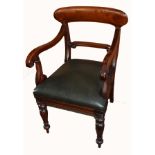 Victorian style mahogany bar back elbow chair with scrolled arms supported on front turned legs,