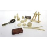 Box containing quantity of small ivory items including bookmark, small model of a tambour with ivory