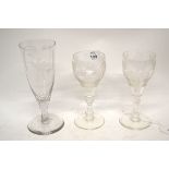 Pair of 18th century style wine glasses, finely engraved with fruiting vines above a double