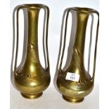 Pair of brass two-handled vases decorated in Art Nouveau style with fish