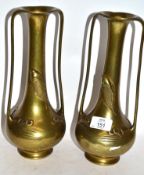 Pair of brass two-handled vases decorated in Art Nouveau style with fish