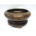 Large cloisonne bowl on wooden mount, 26cm diam