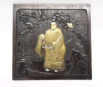 Chinese wooden panel with a relief design including a Chinese figure with face and feet picked out