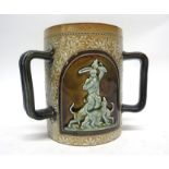 19th century Doulton tyg decorated with hunting scenes in a green glaze, 15cm high