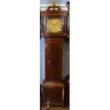 J James, Egham, late 18th/early 19th century country mahogany cased longcase clock having painted